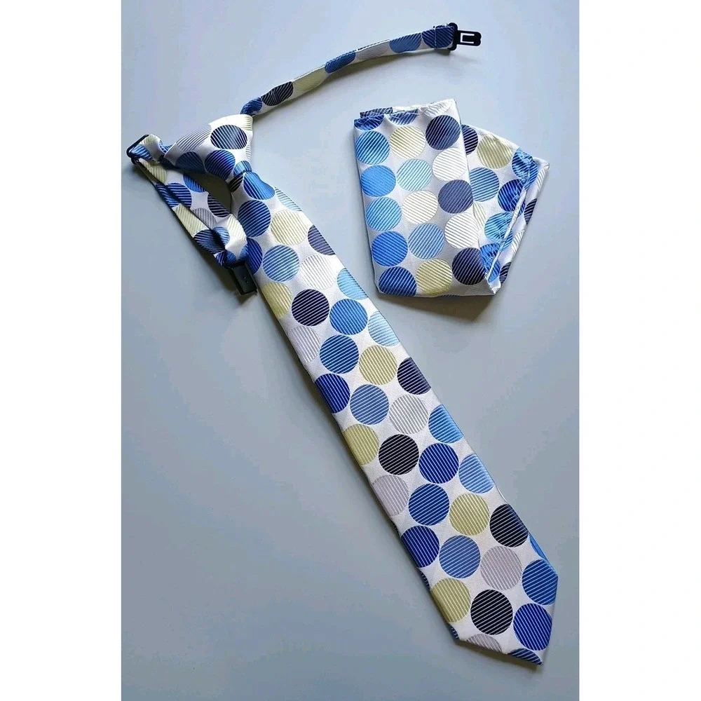 Boys Easy Zipper Tie / Pocket Square Set (One Size) Polka Dots Circles Blues